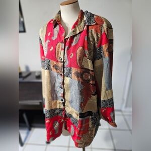 80s EHL Boho Button Up with Shoulder Pads! Size 16
